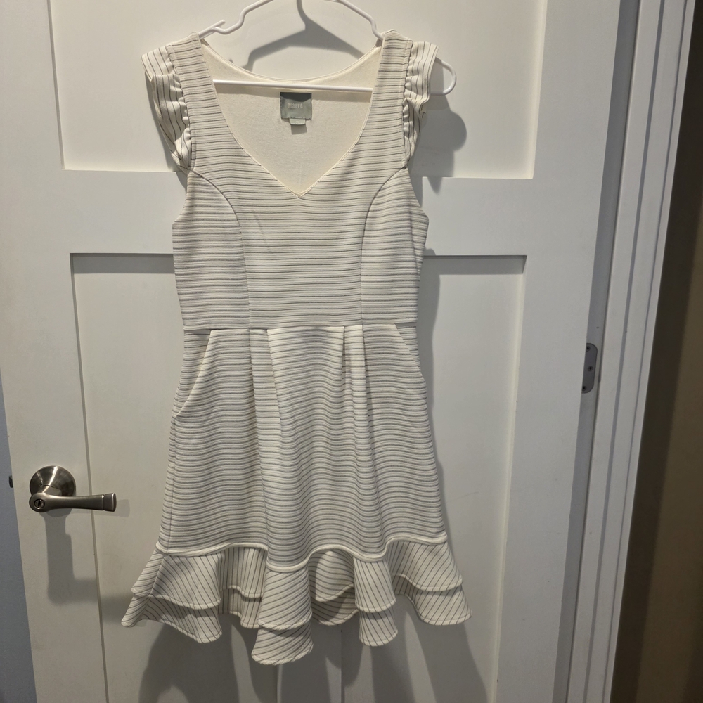 Anthropologie Sunland Dress by Maeve  Womens Size 10 Ruffle White Black Stripes